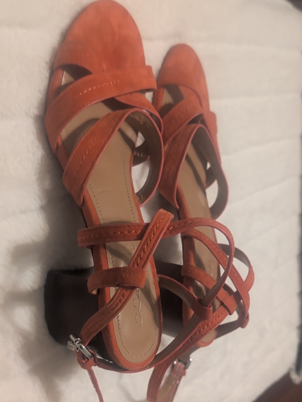 Coach "Terri" strappy sandals deep coral with a chunky block Heel